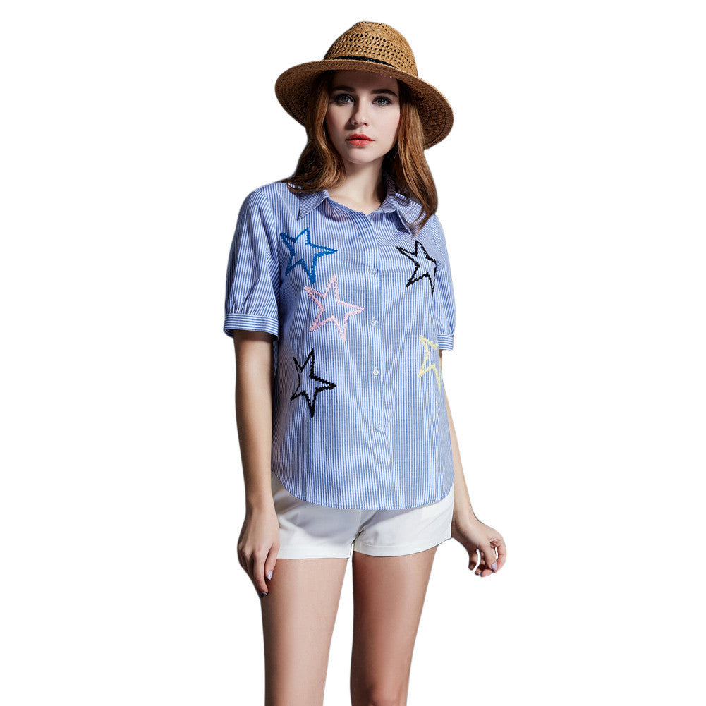 women shirt plus size cotton blouse stripe turn down collar button closure short sleeve embroidery blusas blue TIML66