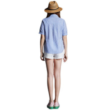 Women Shirt Plus Size Cotton Blouse Stripe Turn-Down Collar Button Closure Short Sleeve Embroidery Blusas Blue TIML66 TIML66
