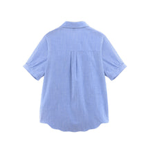 Women Shirt Plus Size Cotton Blouse Stripe Turn-Down Collar Button Closure Short Sleeve Embroidery Blusas Blue TIML66 TIML66