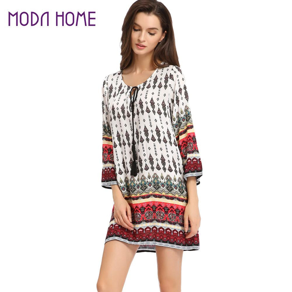Mini Women Bohemian Vintage Dress Retro Printing Round Neck 34 Sleeve Sundress Dress Vestidos White TIML66 TIML66