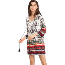 Mini Women Bohemian Vintage Dress Retro Printing Round Neck 34 Sleeve Sundress Dress Vestidos White TIML66 TIML66