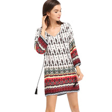 mini women bohemian vintage dress retro printing round neck 3/4 sleeve sundress dress vestidos white TIML66