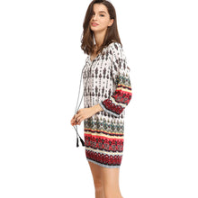 mini women bohemian vintage dress retro printing round neck 3/4 sleeve sundress dress vestidos white TIML66