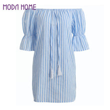 korean casual sexy women dresses blue striped off the shoulder half sleeve shirt mini dress beach dress robe TIML66