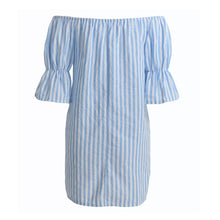 korean casual sexy women dresses blue striped off the shoulder half sleeve shirt mini dress beach dress robe TIML66
