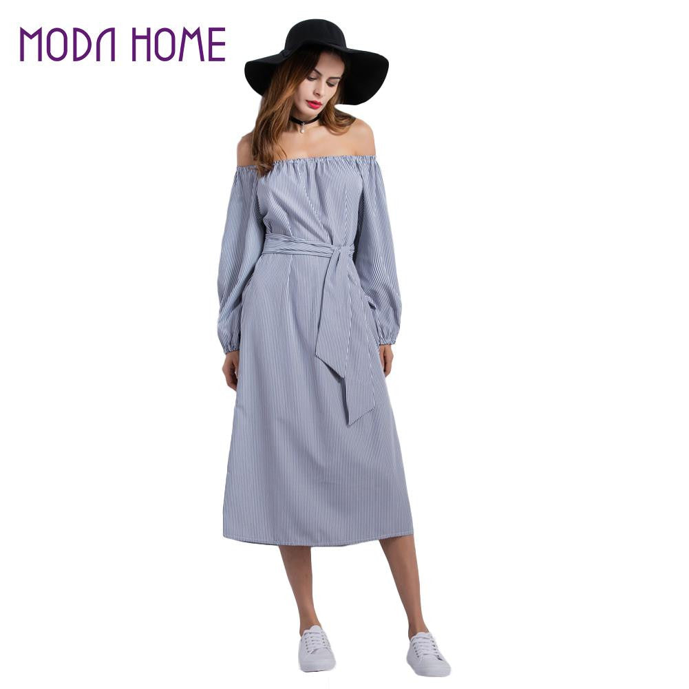 Ladies Striped Shirt Dress Belt Bow Side Slit Loose Vestidos Elegant Women Cold Shoulder Dress Ukraine Beach Dress TIML66 TIML66