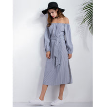 Ladies Striped Shirt Dress Belt Bow Side Slit Loose Vestidos Elegant Women Cold Shoulder Dress Ukraine Beach Dress TIML66 TIML66