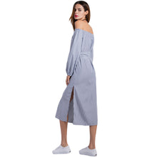 Ladies Striped Shirt Dress Belt Bow Side Slit Loose Vestidos Elegant Women Cold Shoulder Dress Ukraine Beach Dress TIML66 TIML66
