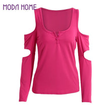 low cut women casual t-shirts cold shoulder square collar solid tshirt cutout long sleeve tops rose green black ropa mujer TIML66