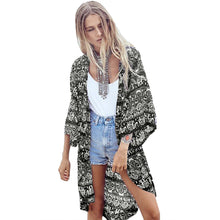 cardigan women chiffon kimono floral print boho women blouses loose thin outerwear beach cover up black dark blue TIML66