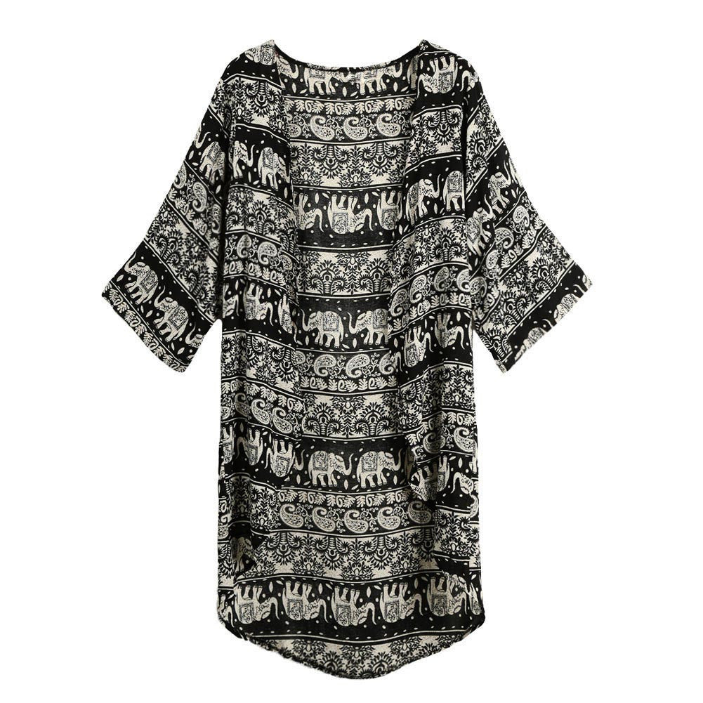 cardigan women chiffon kimono floral print boho women blouses loose thin outerwear beach cover up black dark blue TIML66