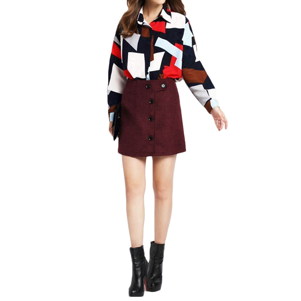 shirts women blouses button geometric print turn down collar long sleeve blouses women tops blusas green blue TIML66