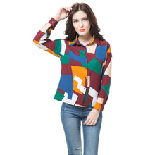 shirts women blouses button geometric print turn down collar long sleeve blouses women tops blusas green blue TIML66