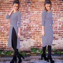 Women Dress Stripe Round Neck Long Sleeve Split Hem Casual Slim Dress Dark Blue Vestidos TIML66 TIML66