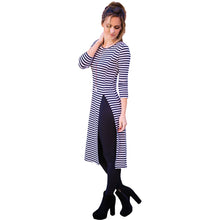 Women Dress Stripe Round Neck Long Sleeve Split Hem Casual Slim Dress Dark Blue Vestidos TIML66 TIML66