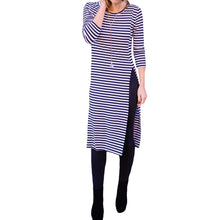 Women Dress Stripe Round Neck Long Sleeve Split Hem Casual Slim Dress Dark Blue Vestidos TIML66 TIML66