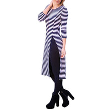 Women Dress Stripe Round Neck Long Sleeve Split Hem Casual Slim Dress Dark Blue Vestidos TIML66 TIML66