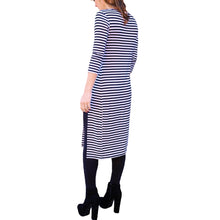 Women Dress Stripe Round Neck Long Sleeve Split Hem Casual Slim Dress Dark Blue Vestidos TIML66 TIML66