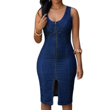 women sexy dress zipper split o neck casual denim style bodycon sleeveless dress sexy vestidos blue TIML66