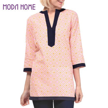 women blouses geometric print split v neck tee shirt three quarter sleeve casual tops long shirt pink red blue TIML66