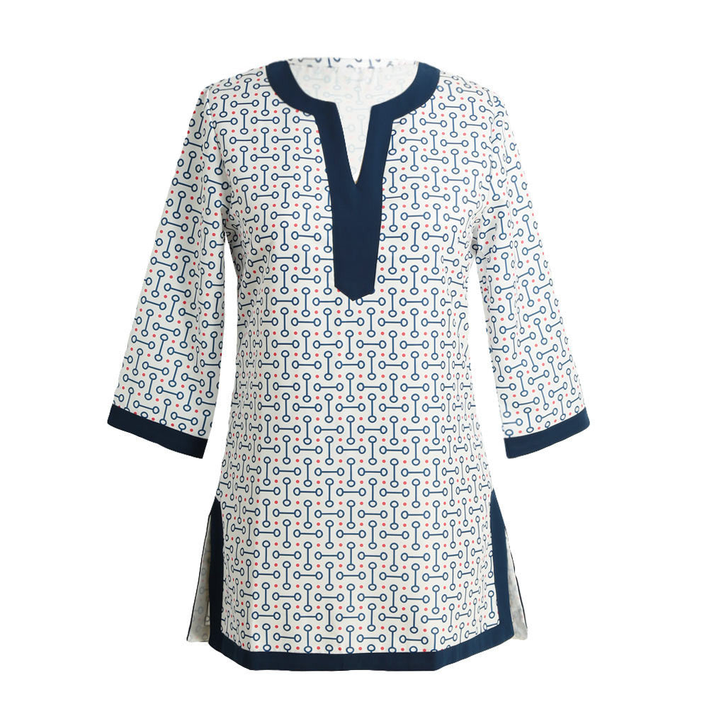 women blouses geometric print split v neck tee shirt three quarter sleeve casual tops long shirt pink red blue TIML66