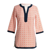 women blouses geometric print split v neck tee shirt three quarter sleeve casual tops long shirt pink red blue TIML66