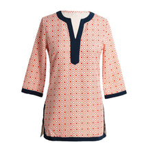 Women Blouses Geometric Print Split V Neck Tee Shirt Three Quarter Sleeve Casual Tops Long Shirt PinkRedBlue TIML66 TIML66