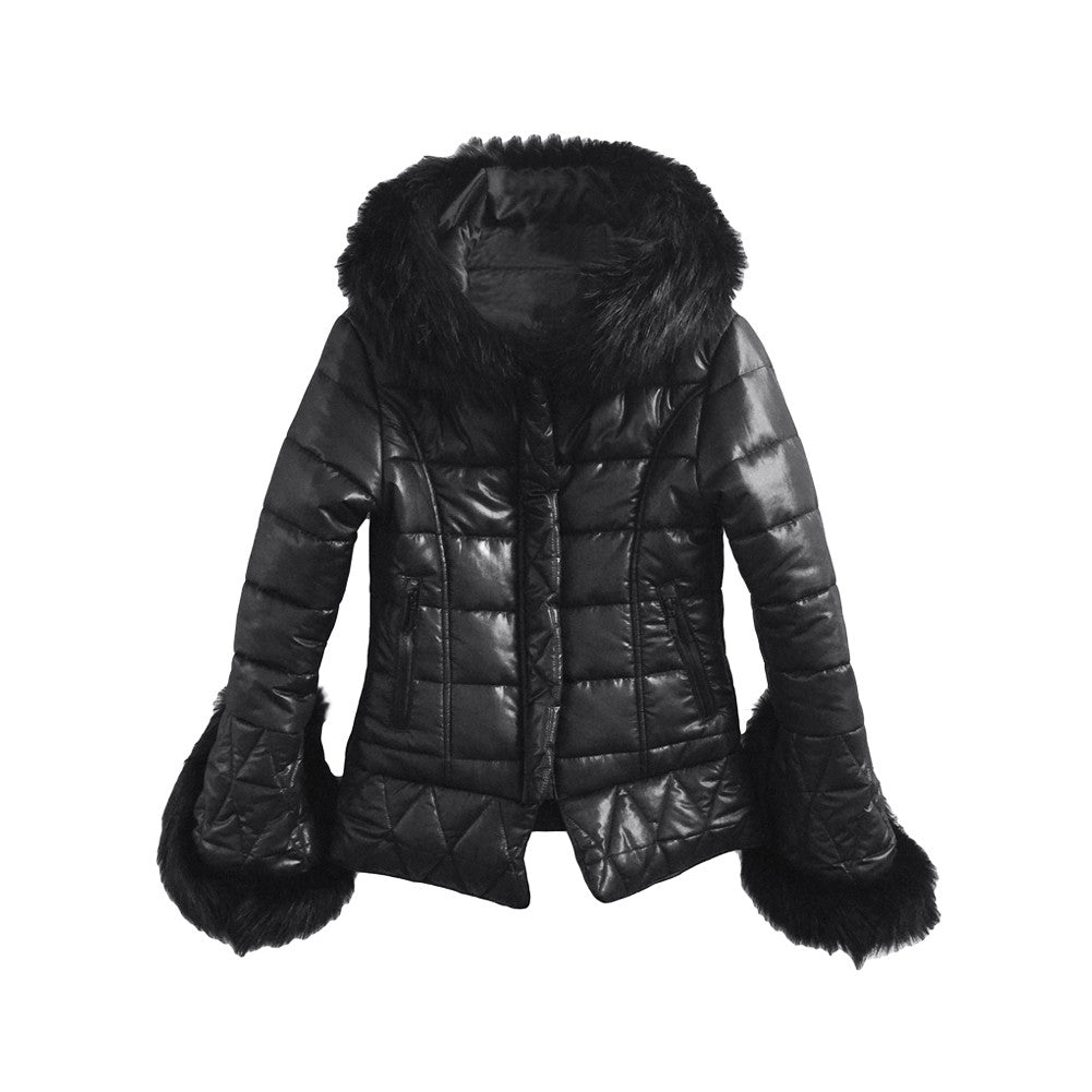 Women Down Jacket Faux Fur Hood Cuffs Long Sleeve Womens Jacket Quilted Warm Parka Coat Overcoat Black TIML66 TIML66