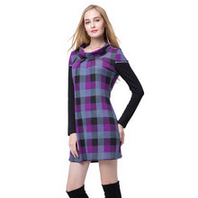Women Dress Round Neckline Long Sleeve Plaid Dress Contrast Color Mini Dress BluePurple  TIML66 TIML66