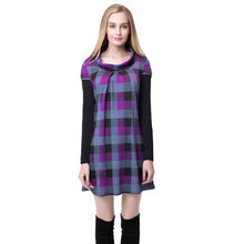 women dress round neckline long sleeve plaid dress contrastcolor mini dress blue purple TIML66