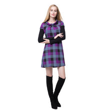 Women Dress Round Neckline Long Sleeve Plaid Dress Contrast Color Mini Dress BluePurple  TIML66 TIML66