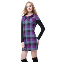 women dress round neckline long sleeve plaid dress contrastcolor mini dress blue purple TIML66