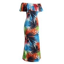 sexy women maxi dress off shoulder ruffle flower print bodycon dress bohemian holiday beach long dress dark blue TIML66