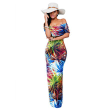 sexy women maxi dress off shoulder ruffle flower print bodycon dress bohemian holiday beach long dress dark blue TIML66