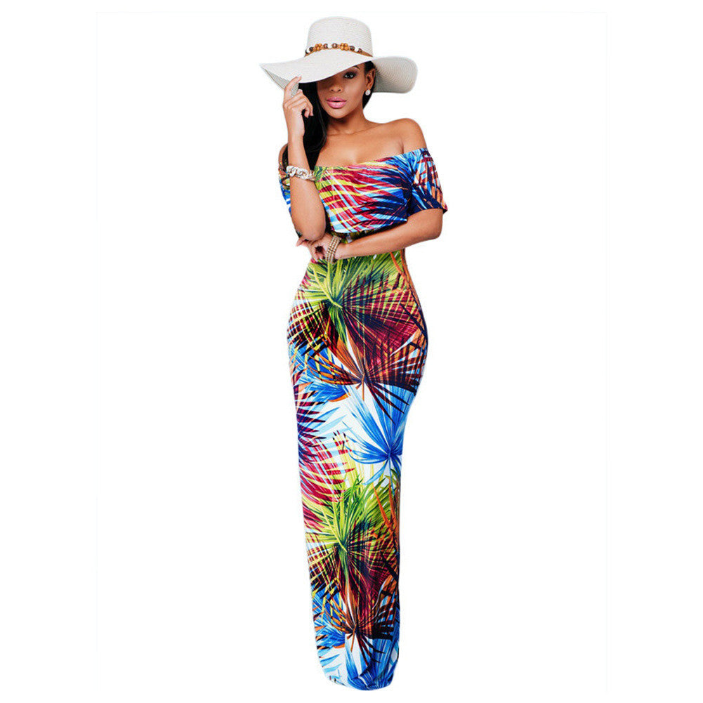 sexy women maxi dress off shoulder ruffle flower print bodycon dress bohemian holiday beach long dress dark blue TIML66