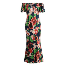 sexy women maxi dress off shoulder ruffle flower print bodycon dress bohemian holiday beach long dress dark blue TIML66