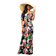 sexy women maxi dress off shoulder ruffle flower print bodycon dress bohemian holiday beach long dress dark blue TIML66