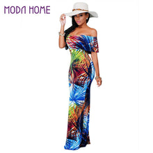 sexy women maxi dress off shoulder ruffle flower print bodycon dress bohemian holiday beach long dress dark blue TIML66