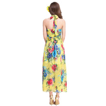 Beach Dress Vestidos Sexy Women Long Dress Halter Floral Print Tie Waist Beach Maxi Sundress Yellow TIML66 TIML66