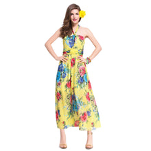beach dress vestidos sexy women long dress halter floral print tie waist beach maxi sundress yellow TIML66