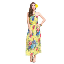 beach dress vestidos sexy women long dress halter floral print tie waist beach maxi sundress yellow TIML66