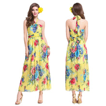 Beach Dress Vestidos Sexy Women Long Dress Halter Floral Print Tie Waist Beach Maxi Sundress Yellow TIML66 TIML66