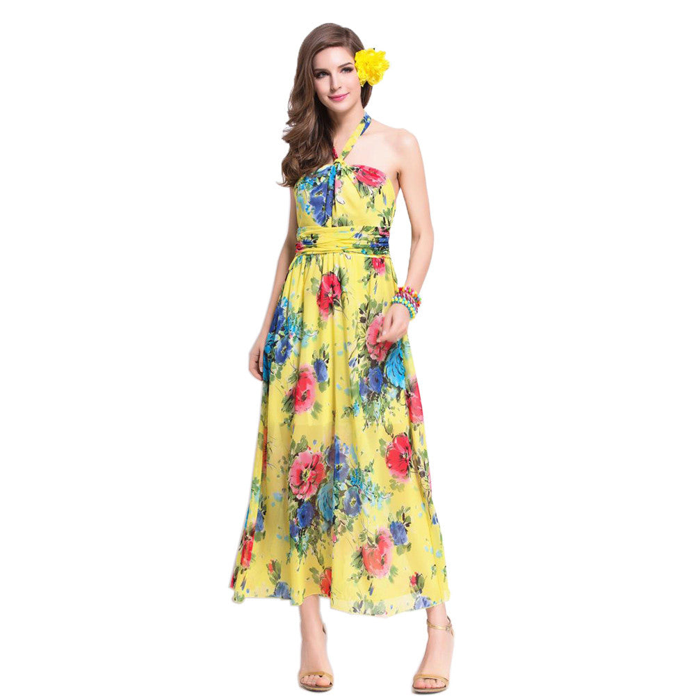 Beach Dress Vestidos Sexy Women Long Dress Halter Floral Print Tie Waist Beach Maxi Sundress Yellow TIML66 TIML66