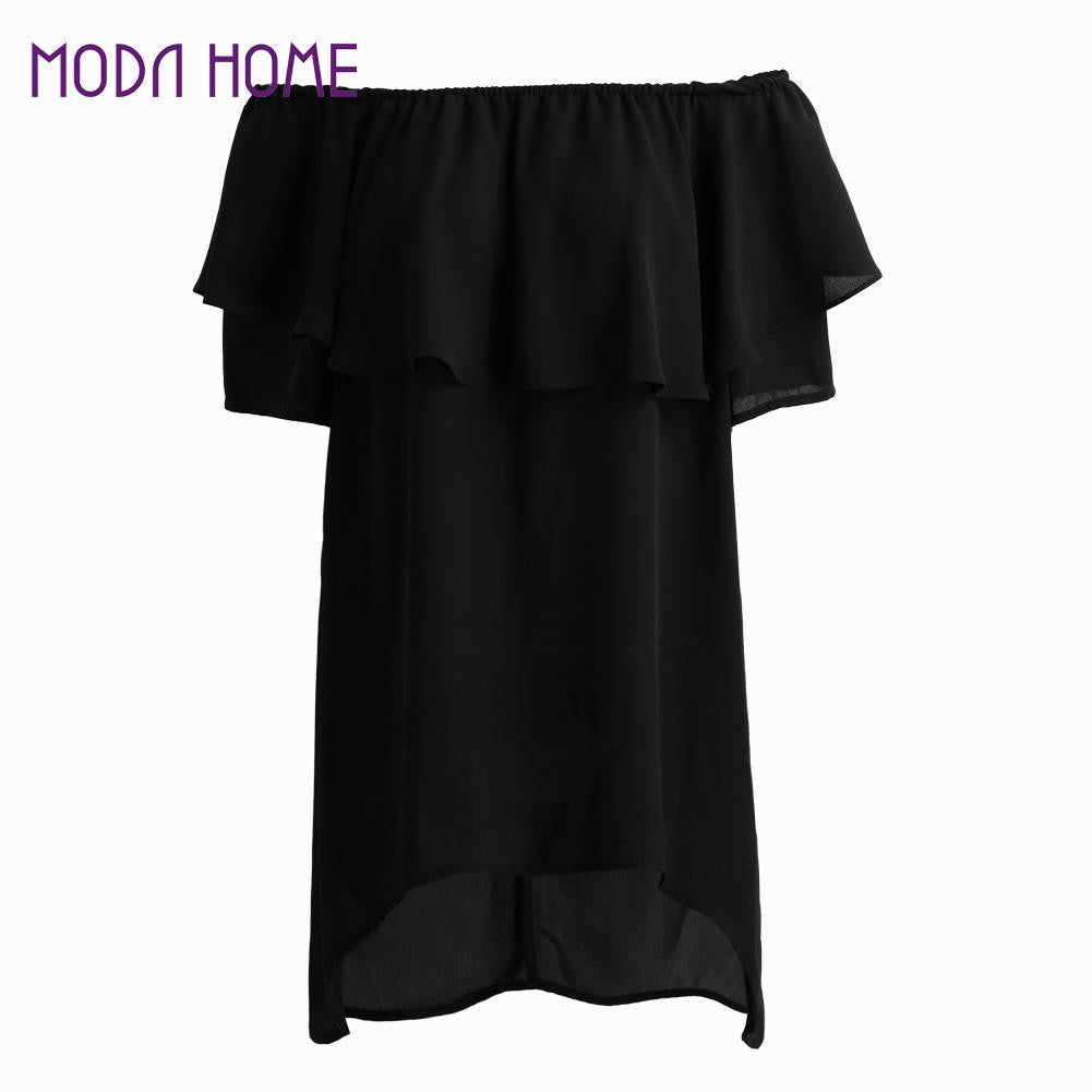 t-shirts women off shoulderchiffon t shit slash neck tee shirt ruffle dip hem casual tops women blusas black TIML66