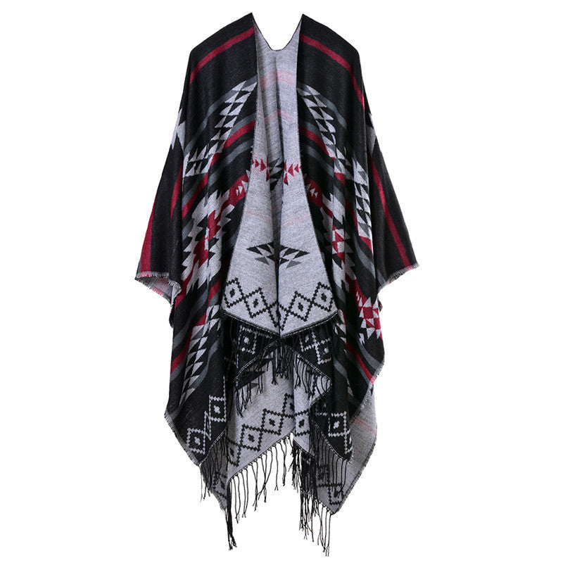 women knitted cape poncho open front geometric striped tassel fanon fringe duplex cashmere shawls and scarves pashmina TIML66