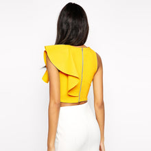 sexy crop top women one shoulder ruffle o neck sleeveless fitness women tops blusas feminina black yellow TIML66