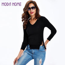 Sexy Women Sweaters And Pullovers Lace Up Sides Long Sleeve V Neck Solid Slim Basic Tee Hollow Out Outwear Pull  TIML66 TIML66