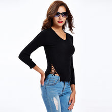 Sexy Women Sweaters And Pullovers Lace Up Sides Long Sleeve V Neck Solid Slim Basic Tee Hollow Out Outwear Pull  TIML66 TIML66