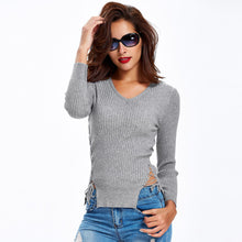 Sexy Women Sweaters And Pullovers Lace Up Sides Long Sleeve V Neck Solid Slim Basic Tee Hollow Out Outwear Pull  TIML66 TIML66
