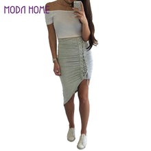 Sexy Women High Waist Bodycon Lace-Up Skirt Side Split Asymmetric Hem Laidies Wrap Skirt Elastic Waist Solid Pink Saia TIML66 TIML66